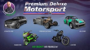 Image des cinq véhicules disponibles dans la concession automobile Premium Deluxe Motorsport. Cette semaine, il s'agit des véhicules : Hakuchou, Issi Sport, Sanctus, Schafter LWB et Tornado Rat Rod