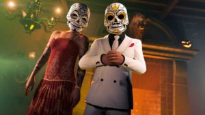 Deux personnages de GTA Online portant les masque Calaca maritime et le masque Calaca royale.