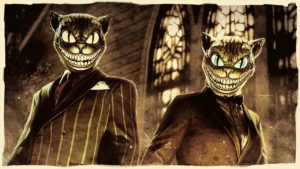 Deux protagonistes de GTA Online sont présents sur cette image et sont habillés d'un costume, l'un a le masque de chat flippant marron, tandis que le second a le masque de chat flippant noir.