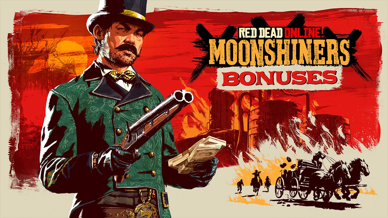Image promotionnelle du rôle de distillateur clandestin dans Red Dead Online, avec l'inscription "Bonus".