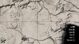 Emplacement du premier coffre au trésor dans Red Dead Redemption. Il se trouve derrière un pic rocheux dans la zone en jeu se nommant "The Hanging Rock"