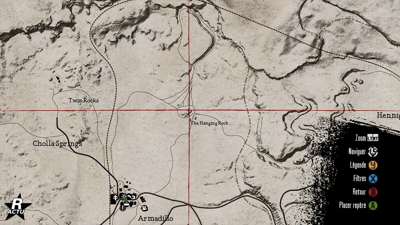 Emplacement du premier coffre au trésor dans Red Dead Redemption. Il se trouve derrière un pic rocheux dans la zone en jeu se nommant "The Hanging Rock"