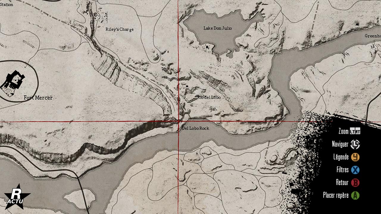 Emplacement du second coffre au trésor, il se trouve à Del Lobo Rock, à l'est de Fort Mercer dans Red Dead Redemption.