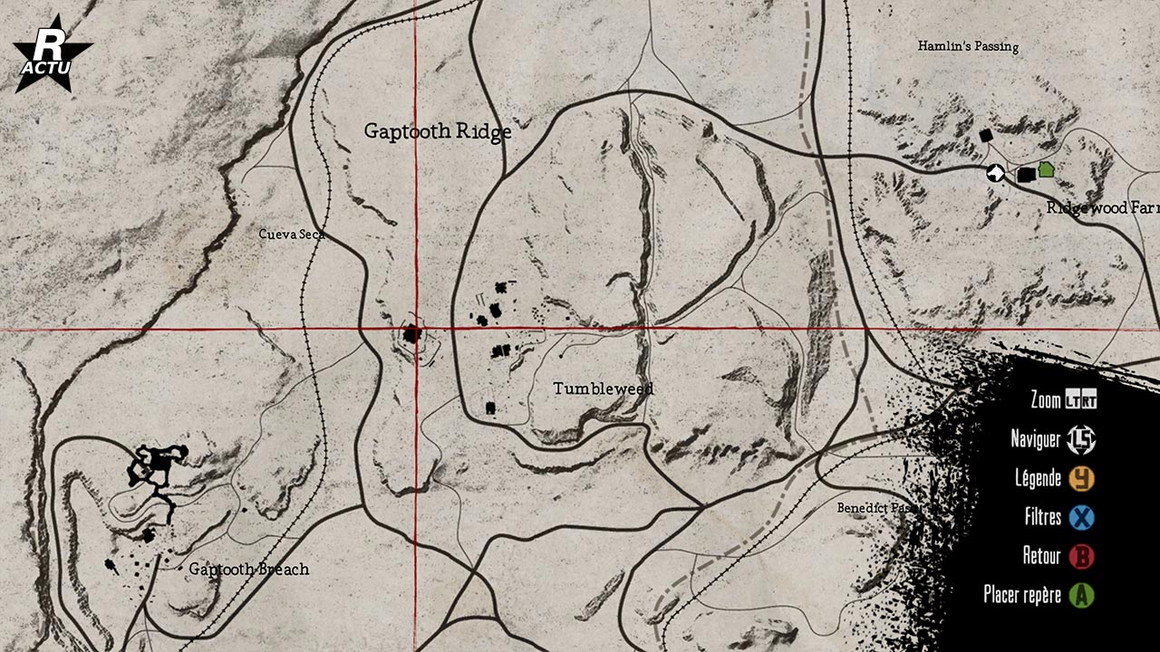 Image révélant l'emplacement du troisième coffre au trésor sur la carte de Red Dead Redemption. Le trésor se trouve dans le sous-sol d'une grande maison blanche dans le village de Tumbleweed.