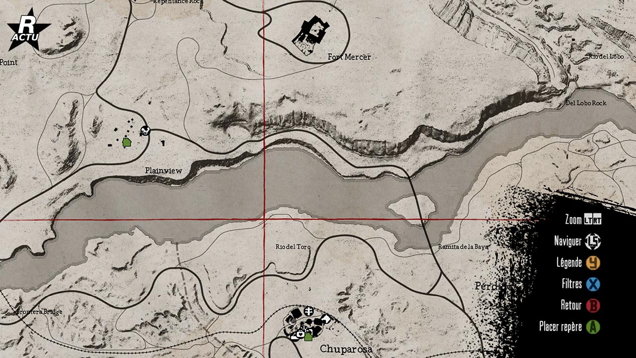 Map du quatrième coffre au trésor dans le jeu vidéo Red Dead Redemption. Il se situe au Mexique, le long d'un chemin au nord de Chuparosa, caché derrière un mur de pierres.