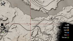 Carte révélant l'emplacement du cinquième coffre au trésor dans Red Dead Redemption. Il se situe tout en haut d'un pic rocheux au Mexique.
