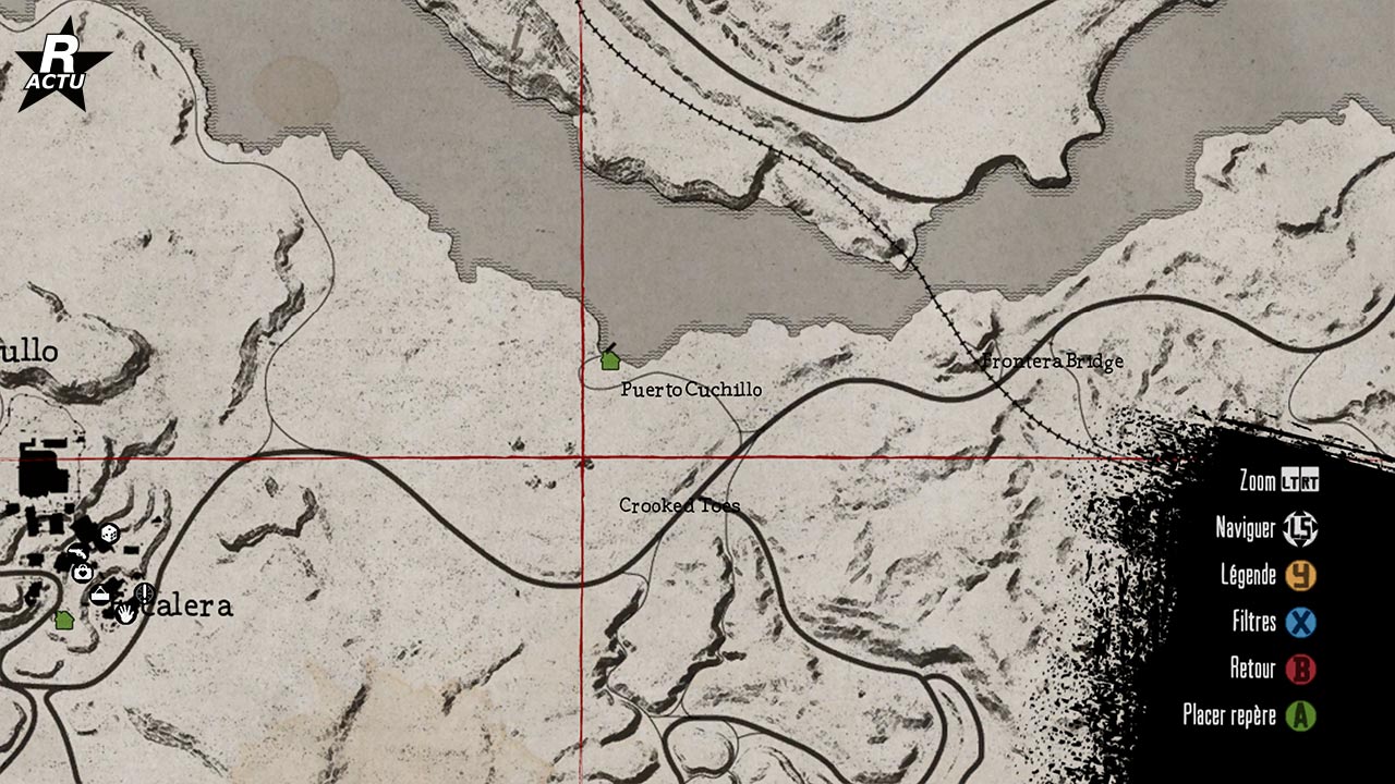 Carte révélant l'emplacement du cinquième coffre au trésor dans Red Dead Redemption. Il se situe tout en haut d'un pic rocheux au Mexique.