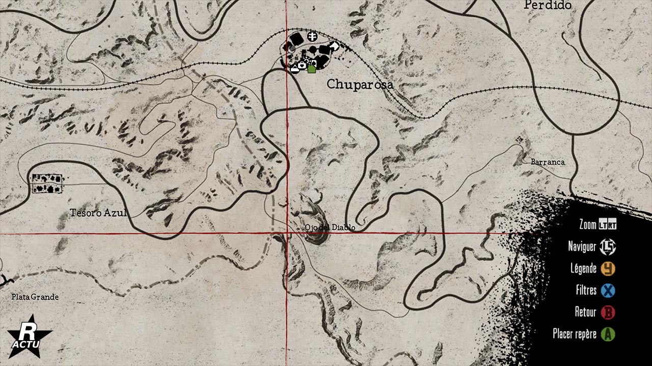 Carte révélant l'emplacement du coffre au trésor numéro 6 dans Red Dead Redemption. Il se trouve sous une grande arche en pierre au sud de la ville de Chuparosa, entre deux petits rochers sur un plateau surélevé au chemin. L'accès à ce plateau peut se faire à cheval en gravissant la paroi rocheuse.
