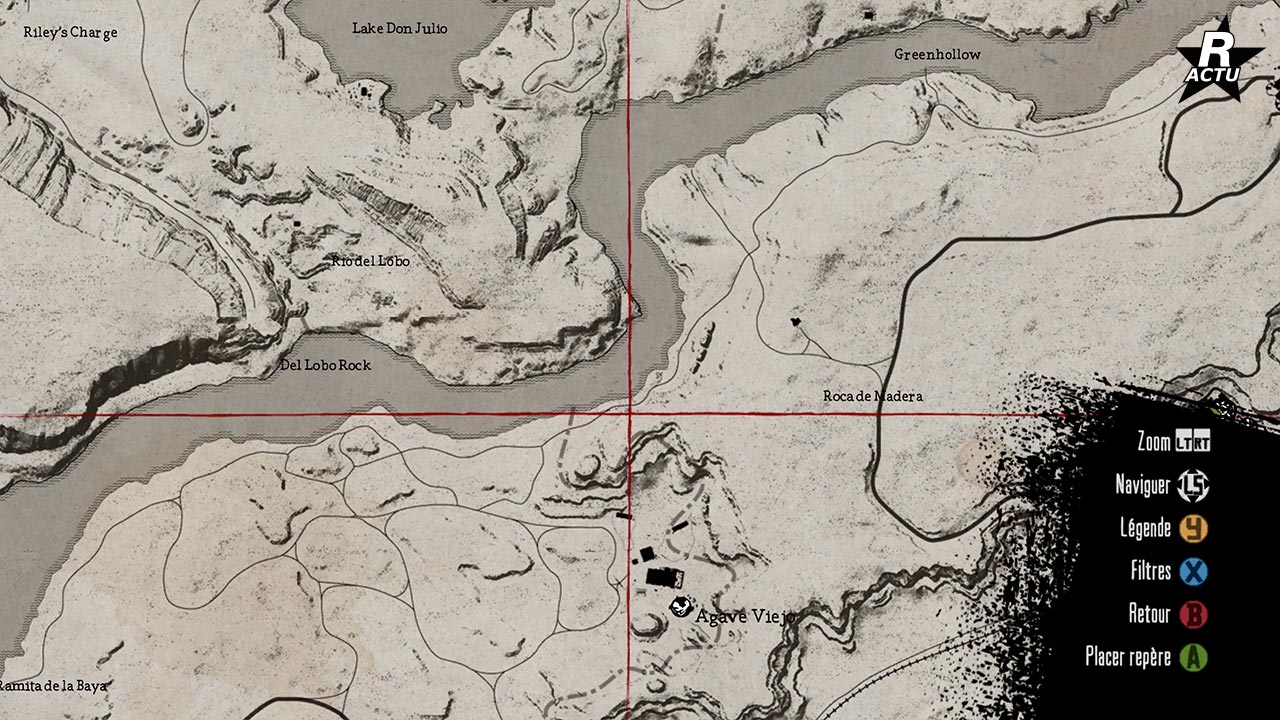 Map dévoilant l'emplacement du septième coffre au trésor sur la carte de Red Dead Redemption. Il se trouve au Mexique, le long d'une falaise au nord du ranch Agave Viejo.
