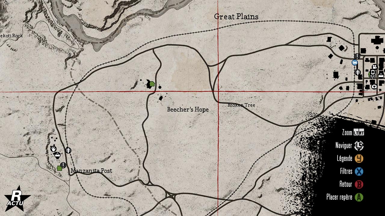 Carte révélant l'emplacement du coffre au trésor 8 du défi de légende de l'ouest dans Red Dead Redemption. Le coffre se trouve le long d'un chemin qui se situe entre la propriété des Marston et de la ville de Blackwater.