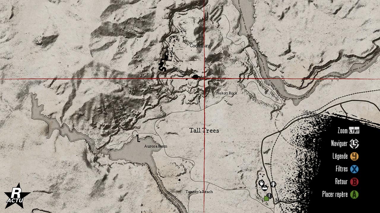 Emplacement du dernier coffre au trésor dans Red Dead Redemption. Il est enterré au fond d'une grotte dans la zone montagneuse au nord-ouest de Manzanita Post.