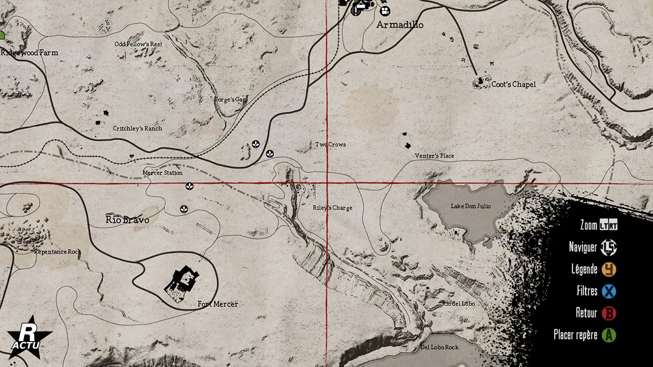Carte de Red Dead Redemption dévoilant les emplacements des fleurs de sauge rouge. Elles peuvent être trouvées près de Fort Mercer et elles sont requises pour terminer la mission secondaire "Des fleurs pour une dame".