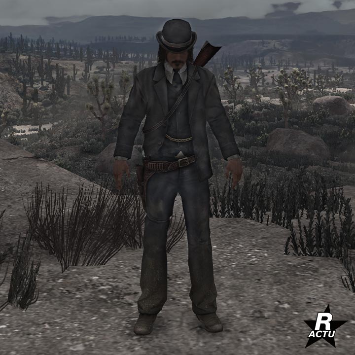 Marston dans le jeu vidéo Red Dead Redemption, il porte la tenue d'Uniforme du Bureau.