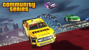 La voiture Karin Hotring Everon qui fait un jump dans une course casse-cou qui a été créée par la communauté de GTA Online.