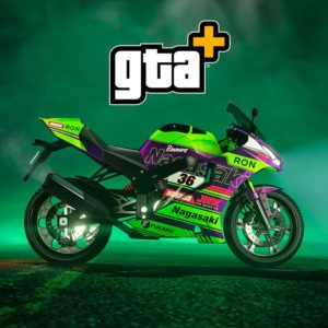 Bannière d'article des avantages GTA+ de novembre 2024. Sur l'image, la moto Nagasaki Shinobi s'y trouve de profil.