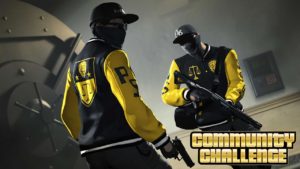 Deux personnages de GTA Online portant la veste universitaire Pacific Standard. Les deux personnages se trouvent devant la chambre forte lors du braquage Pacific Standard.