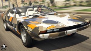 Vue avant du véhicule Pegassi Toreador dans GTA Online. La voiture dispose du motif de carrosserie "Camouflage éclats".