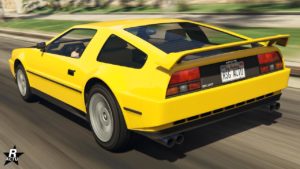 L'Imponte Deluxo vue de l'arrière dans GTA Online, la carrosserie de la voiture est intégralement jaune.