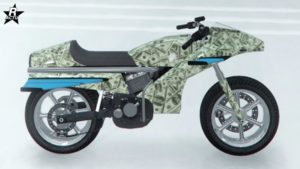 Motif "Pognon pognon" représentant des billets de banque sur la carrosserie de la moto italienne Pegassi Oppressor dans le jeu GTA Online.