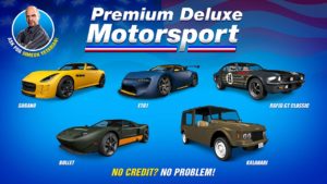 Image des voitures Bullet, ETR1, Kalahari, Rapid GT Classique et Surano dans GTA Online. Il s'agit des cinq véhicules disponibles dans la concession automobile Premium Deluxe Motorsport cette semaine.