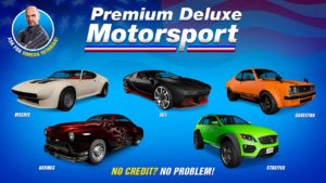 Image publicitaire présentant les cinq voitures qui sont disponibles à l'achat dans la concession automobile Premium Deluxe Motorsport cette semaine dans GTA Online. Il s'agit de l'Albany Hermes, l'Annis Savestra, la Benefactor Streiter, la Lampadati Viseris et l'Ubermacht SC1.