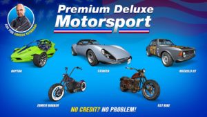 Image présentant les cinq véhicules disponibles dans la concession Premium Deluxe Motorsport. Jusqu'à jeudi prochain, il s'agit de la Michelli GT, le Raptor, la Rat Bike, la Stinger et la Zombie Bobber.