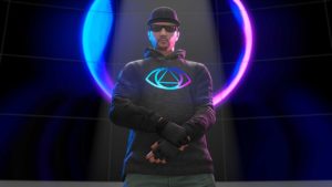 Un personnage de GTA Online portant le Sweat Cliffford dans GTA Online. Le personnage se tient devant l'écran qui diffuse une image circulaire qui représente la voix de l'intelligence artificielle Cliffford