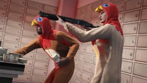Deux personnages de GTA Online portant l'un la tenue Dinde beige et Dinde marron pour le second personnage.