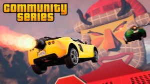 Deux voitures Rocket Voltic dans une course casse-cou créée par la communauté de GTA Online.