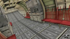 Image de la soute de l'avion Eberhard Titan 250D, différents sièges en lanières rouges sont présents, permettant à ce véhicule militaire de transporter des troupes.