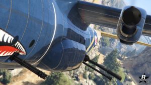 Vue rapprochée de l'armement de l'avion militaire Eberhard Titan 250D dans GTA Online, il s'inspire de l'AC130 dans la réalité.