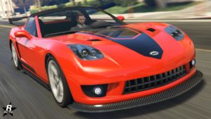 Vue avant de la voiture de GTA Online, Invetero Coquette D5. Elle est peinte en rouge et le véhicule à une grande bande noire sur son capot.
