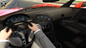 Image de l'habitacle de la voiture Invetero Coquette D5 dans GTA Online du point de vue du conducteur.