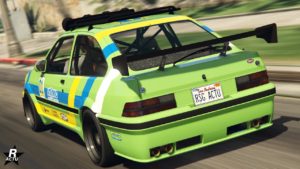 Vue arrière de la bagnole Vapid Uranus LozSpeed dans le jeu cidéo Grand Theft Auto Online. La voiture est peinte en vert lime, a une galerie de toit et un aileron en carbone, ainsi que des décalcomanies de course.
