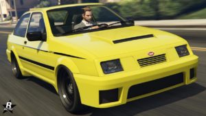 La voiture Vapid Uranus LozSpeed peinte en jaune dans le jeu vidéo GTA Online. Le véhicule est présenté part une vue avant, mais il est également possible d'apercevoir un côté latéral de la voiture, où une fine bande noire la traverse horizontalement.