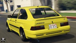 Image de l'arrière de la voiture de sport classique Vapid Uranus LozSpeed dans GTA Online. La carrosserie est de couleur jaune, un petit aileron en forme de bec de canard se trouve sur le coffre arrière.