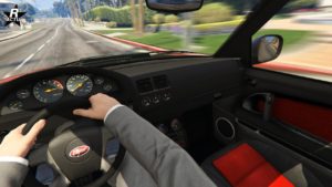 Vue de l'habitacle intérieur du point de vue du conducteur conduisant dans GTA Online la voiture Vapid Firebolt ASP.