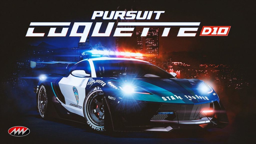 Image de nuit de la voiture de police "Invetero Coquette D10 de poursuite" dans GTA Online, les gyrophares sont allumés.