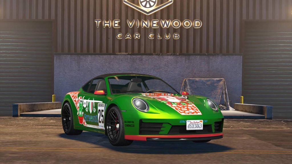 La voiture sportive , Pfister Comet S2 Cabrio avec le motif de Noël sur sa carrosserie.