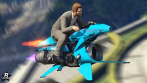 Vue avant de la moto volante Pegassi Oppressor Mk II dans le jeu GTA Online de Rockstar Games. Le véhicule est intégralement peint en bleu vif.