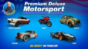 Image présentant les 5 véhicules disponibles cette semaine dans la concession Premium Deluxe Motorsport. Il s'agit de la Coquette Blackfin, la Dynasty, la Stafford disposant d'un motif en édition limitée, la moto Thrust, ainsi que la voiture Tyrus.