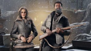 Deux personnages de Red Dead Online sous la neige de Noël.