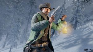 Un personnage de Red Dead Online marchand dans la neige avec le manteau vert de Torranca.