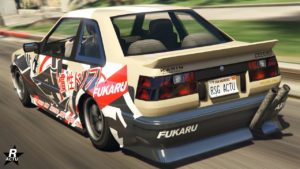 Image de l'arrière de la voiture japonaise Karin Futo dans le jeu GTA Online. Le véhicule dispose d'une peinture beige et grise métallisée pour sa partie inférieure.