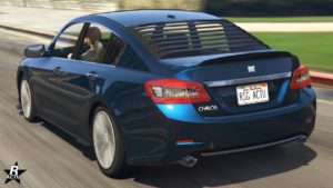 Image présentant l'arrière du véhicule Dinka Chavos V6. La voiture de GTA Online est peinte en bleu nocturne et une persienne en carbone recouvre le pare-brise arrière.
