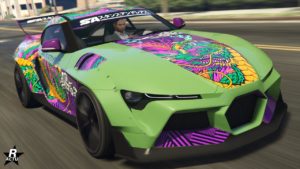 Image de l'avant de la voiture Dinka LSCM Jester RR dans GTA Online, le véhicule est peint en vert lime et sa carrosserie dispose de la décalcomanie de dragon qui ne peut être retirée.