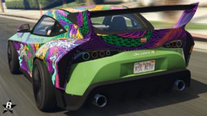 Vue arrière du véhicule japonais Dinka Jester RR Large, la voiture est de couleur verte.