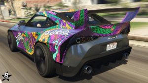 L'arrière de la Dinka Jester RR Large, la voiture de GTA Online est peinte en gris métallisé.