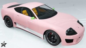 Motif "Graphismes blancs 90s" présent sur la carrosserie de la voiture japonaise Dinka Jester Classique. Le motif représente une bande blanche avec l'écriture "Jester" sur le bas de caisse du véhicule.