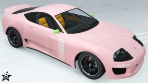 Décalcomanie "Liste de course" sur le véhicule de GTA Online Dinka Jester Classique. Il s'agit d'un motif listant les sponsors écrit en blanc sur les portes latérales.